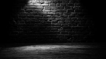 Moody interior with a dark brick wall and a worn wooden floor, illuminated by a single spotlight creating a dramatic chiaroscuro effect. photo