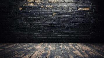 Moody backdrop with dark painted brick wall and a weathered wooden floor, creating a grungy, textured setting for various purposes. photo