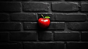 A vibrant, ripe fruit sits nestled in the textured embrace of a dark brick wall, creating a striking contrast of color and form, texture and surface. photo