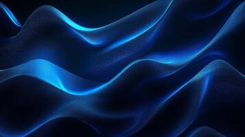 Blue abstract waves gently curving through the darkness, creating a soothing and mesmerizing effect. Elegant background for tech products. photo