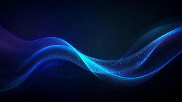 Abstract flowing lines with a gradient of blue and purple. Shimmering particles accent the wavy pattern in a dark, atmospheric space. photo