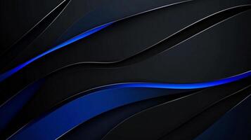 Sleek and sophisticated abstract backdrop featuring dynamic, flowing layers in black and blue with subtle silver accents. Modern design. photo