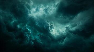Dramatic turquoise storm clouds fill the sky, illuminated by streaks of lightning. A powerful and awe-inspiring display of nature's force. photo