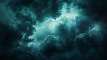 Dramatic dark teal clouds forming in the sky, swirling and heavy with impending weather, a mystical atmospheric scene. photo