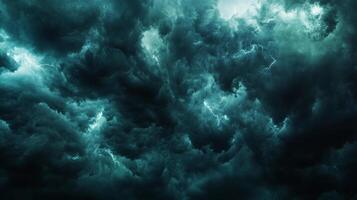 Menacing storm clouds fill the sky, flashes of lightning illuminate the ominous atmosphere creating a dramatic and intense weather scene. photo