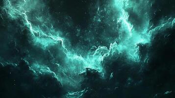A captivating nebula of ethereal turquoise clouds in a dark, star-speckled expanse, resembling a cosmic dreamscape. Vast and mesmerizing. photo