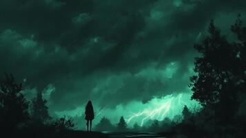 A lone figure stands silhouetted against a stormy sky with lightning, creating a dramatic and ethereal scene. Nature's power visualized. photo