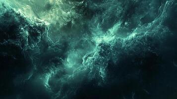 Abstract teal-green nebula. An ethereal cloudscape with billowing, atmospheric swirls fading into dark depths. Dramatic digital art. photo