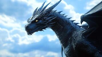 A magnificent dark dragon soars through a cloudy sky, its scales shimmering in the light. A symbol of power and majesty in fantasy art. photo