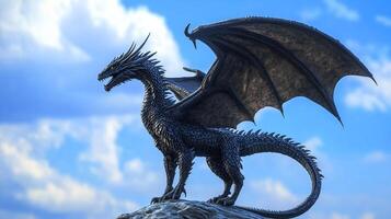 A majestic, dark dragon with outstretched wings stands proudly atop a rocky precipice, set against a backdrop of a serene sky. photo