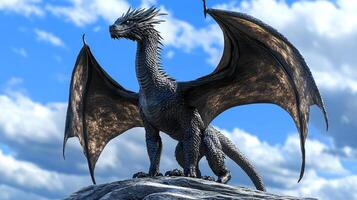 A majestic dragon surveys its domain, its shadowy scales blending with the dramatic sky. A testament to fantastical creatures. photo