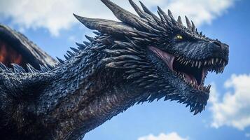 A majestic dragon, scales shimmering against a backdrop of cloudy blue skies. Its fearsome teeth and piercing eyes hint at untamed power. photo