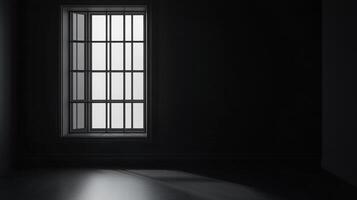 High contrast image of a room's corner, featuring an open window with a grid casting light into the dark space, evoking stark beauty. photo