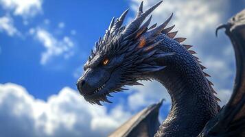 A magnificent dragon soars through a vibrant sky, its scales glinting in the sunlight, a symbol of power and freedom in flight. photo