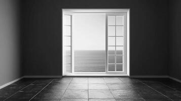 Ocean view through open window in monochrome. Minimalist design with tiled floor creates serene atmosphere. Escape to tranquility. photo