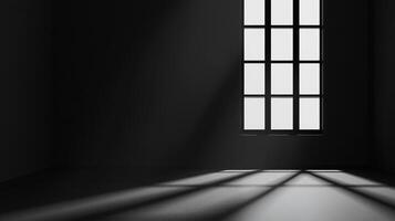 A stark room is lit by a window, creating geometric shadows. Minimalist interior focuses on light and shadow. Serene and contemplative. photo