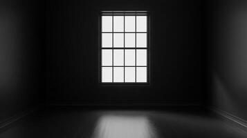 Monochromatic interior of a dark, empty room with a multi-pane window casting light on the reflective floor, conveying solitude and minimalism. photo