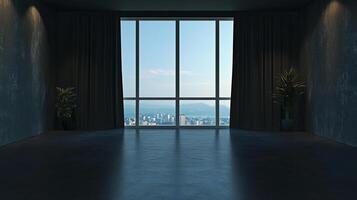 Spacious interior with a large window offering a city view, flanked by lush greenery and dark curtains, creating a serene atmosphere. photo