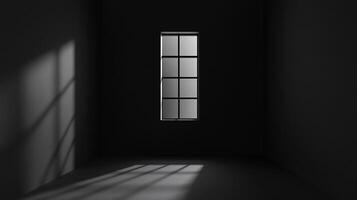 Minimalist composition of a window illuminating a dark, empty room with geometric shadows and contrasting shades of black and gray. photo