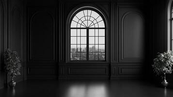 Monochrome interior design showcasing a large arched window and ornate wall paneling, emphasizing architectural details and a minimalist aesthetic. photo