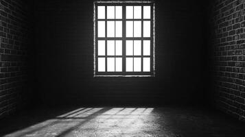 Monochrome image depicting a dimly lit room, a grid window casting stark shadows, creating an atmosphere of suspense and mystery. photo