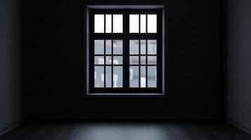 An empty, dimly lit room with a window reflecting the blurred cityscape. The dark interior creates a sense of mystery and stark simplicity. photo