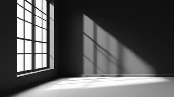 Monochromatic interior featuring a gridded window casting geometric shadows across a blank wall, creating a minimalist and stark atmosphere. photo