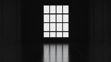 Abstract view of a dark corridor with light emanating from a distant grid-patterned window illuminating the reflective floor. photo