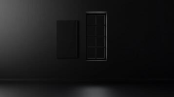 Monochromatic modern room design featuring a sleek picture frame and a geometric eight-paned window, exuding minimalist elegance and dark aesthetic. photo
