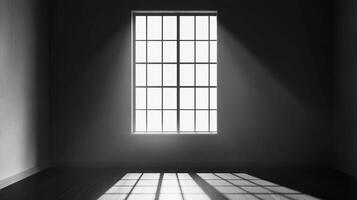 Sunlight streams through a grid-paned window, casting shadows on the dark wooden floor in an otherwise empty, minimalist room. photo