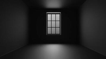 A dark room with a single window provides a stark contrast, highlighting the interplay of light and shadow in a minimalist setting. photo