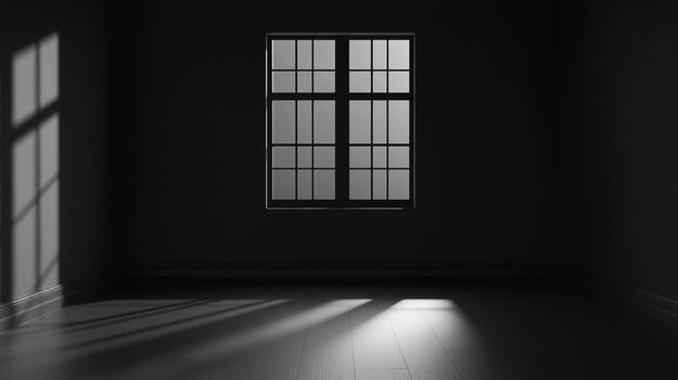 An empty room with sunlight filtering through a paneled window casting light on a dark wood floor and the wall creating shadows. photo
