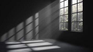 Sunlight streams through a window illuminating a darkened room, casting shadows and creating contrast between light and shade. photo
