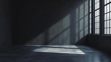 An empty, dark space is illuminated by sunlight streaming through a window, creating shadows and highlighting the texture of the walls. photo