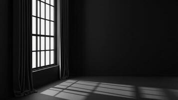 Monochromatic minimalist interior featuring a large window and long curtains, with sunlight streaming in to illuminate the dark space. photo