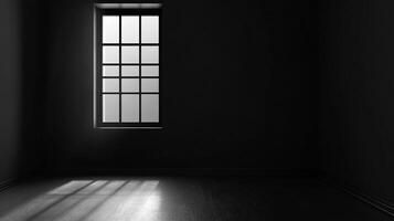 Window light creates shadows in a dark room, emphasizing its emptiness and stark contrast. Simplistic composition and monochromatic palette. photo