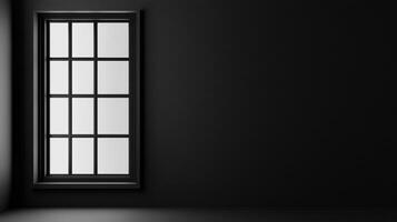 Elegant black window with multiple panes, set against a dark wall, offers a stark yet sophisticated architectural detail. Modern, minimalist. photo
