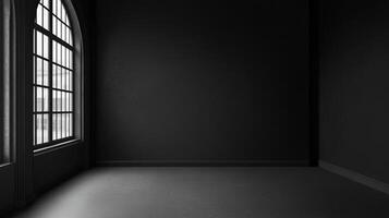 A stark, monochrome room illuminated by light streaming through a large arched window, creating a dramatic interplay of light and shadow. photo