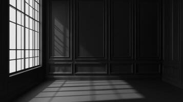 A monochromatic interior featuring a window casting shadows across paneled walls, creating a stark and modern architectural scene. photo