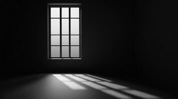 Sunlight streams through a divided window casting patterned shadows on the dark room floor. The light and shadow create an interesting dynamic. photo