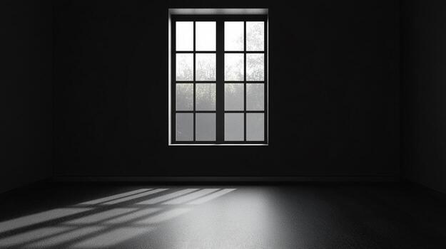 A minimalist room in shades of gray features a window with light streaming in, creating a sense of calm and contemplation in design. photo