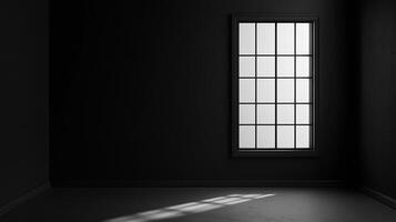 A stark, monochromatic scene featuring a window casting a single beam of light onto a dark floor, emphasizing simplicity and contrast. photo