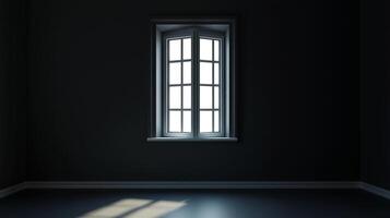 Minimalist interior with a dark wall and an open, multi-paned window letting in soft light. The floor reflects the illumination. photo