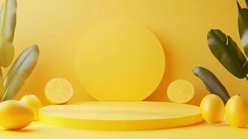 Vibrant yellow backdrop featuring a circular display platform, lemons, and tropical leaves, ideal for showcasing products with a fresh, summery vibe. photo