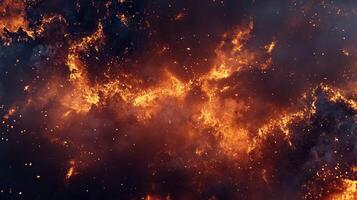 Fiery nebula in space, vibrant orange and red hues amidst dark cosmic clouds. Sparks and embers create a dynamic abstract pattern. photo