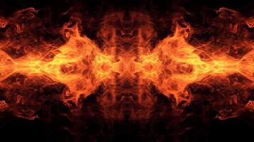 Symmetrical fiery abstraction on a black background. A symmetrical composition creating a dynamic and visually striking effect. photo