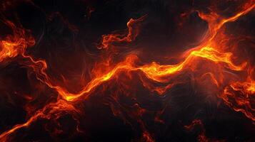 Fiery abstract landscape with molten, flowing energy. Volcanic texture of orange light against black background. Intense geological power. photo