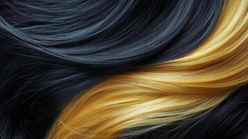 Contrasting hair colors flowing together. Dynamic strands of dark and golden shades create movement and unique style expression in this image. photo