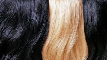 Strands of dark and blonde hair are displayed in neat rows to create an interesting and attractive aesthetic. The lighting is soft. photo