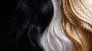 Abstract composition with hair strands of diverse colors creates visual interest, highlighting texture and tone in a studio setting. photo